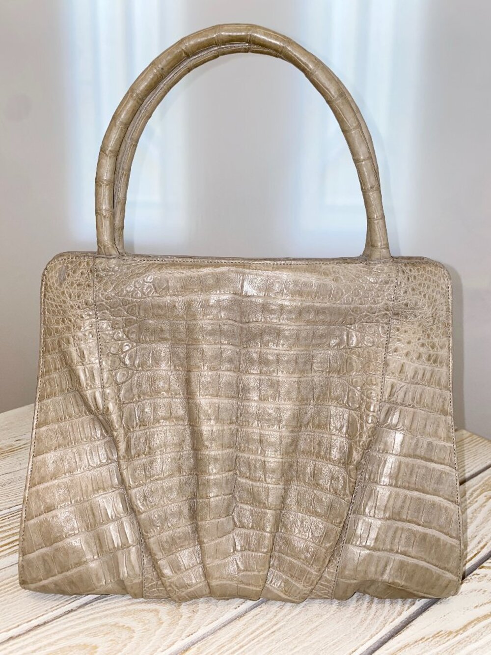 Nancy Gonzalez Fluted Crocodile Pleated Tote Bag Taupe Near Mint